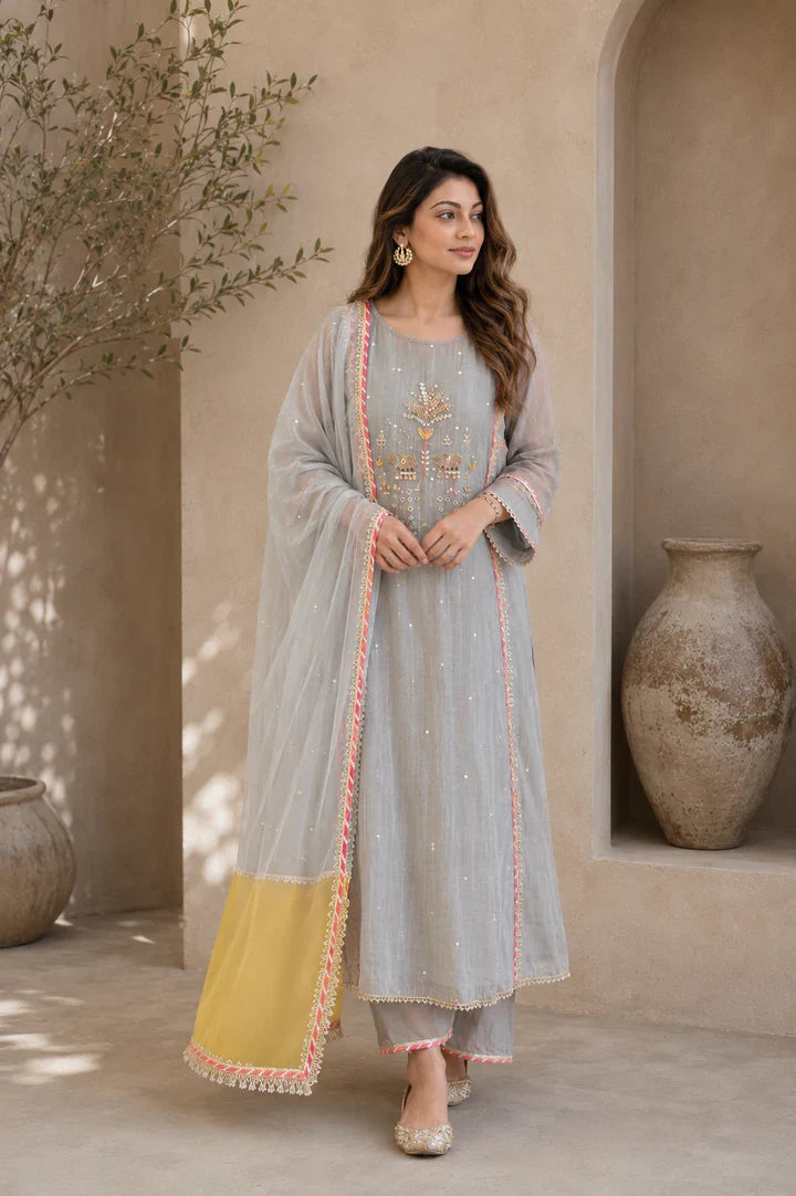 Aafreen Mist Grey Embroidered Kurta Set