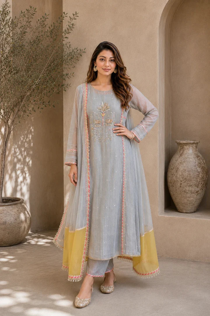 Aafreen Mist Grey Embroidered Kurta Set