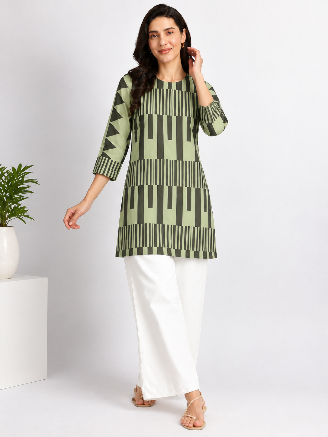 Sage Green Geometric Stripe Printed Short Kurti