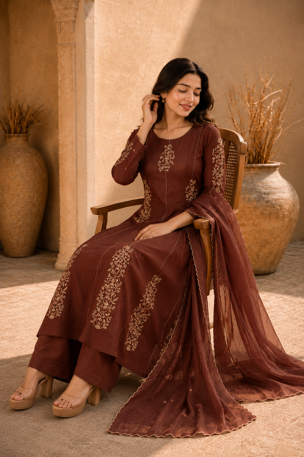Mahogany Brown Embroidered Anarkali Kurta Set with Dupatta
