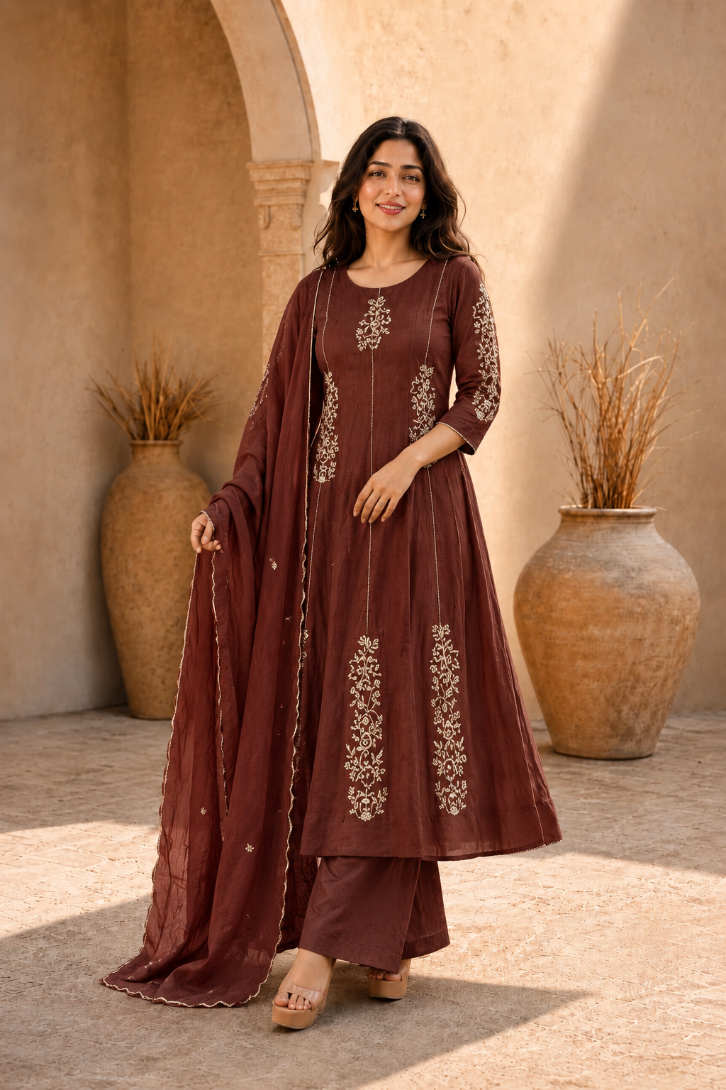 Mahogany Brown Embroidered Anarkali Kurta Set with Dupatta
