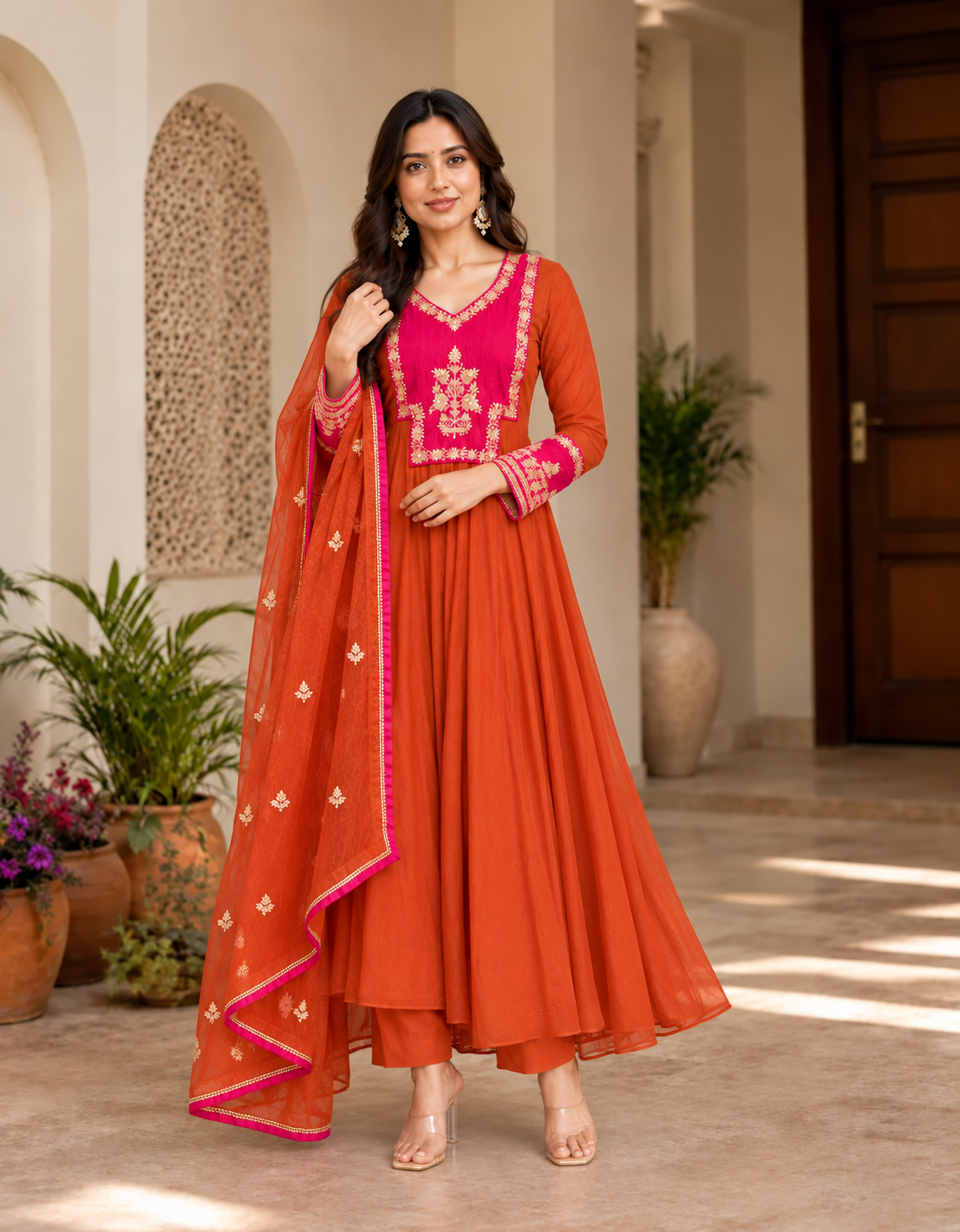 Kesariya Gulabi Anarkali Kurta Set