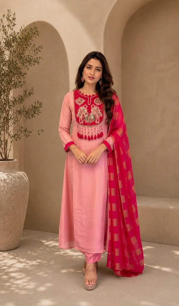 Gulnaar Rose Pink Embroidered Kurta Set