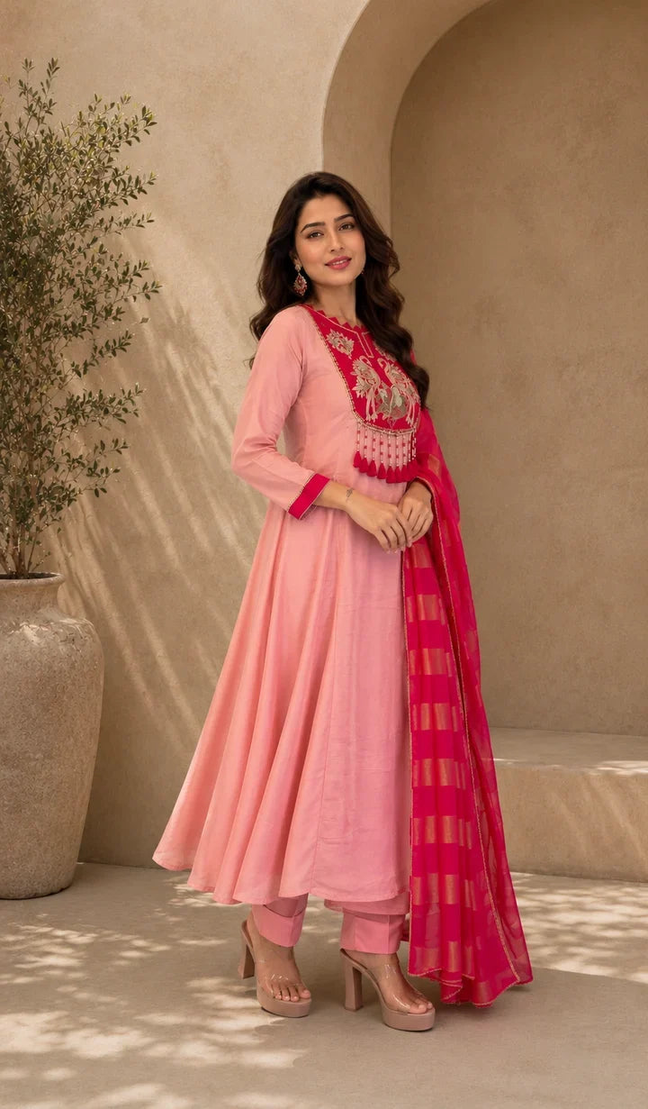 Gulnaar Rose Pink Embroidered Kurta Set