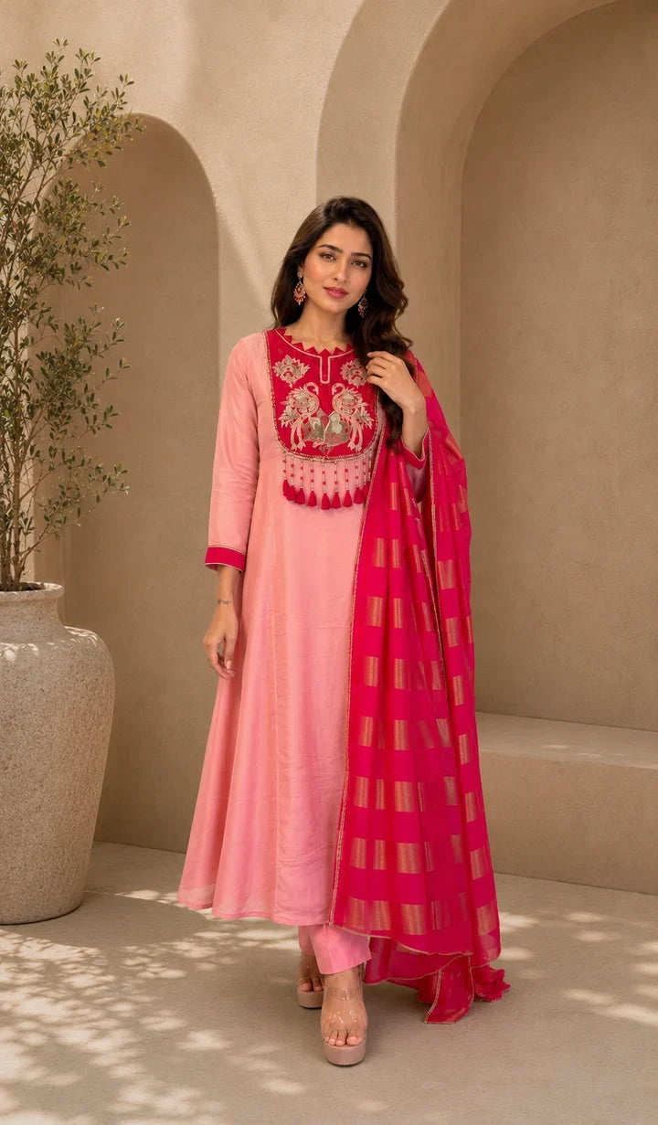 Gulnaar Rose Pink Embroidered Kurta Set