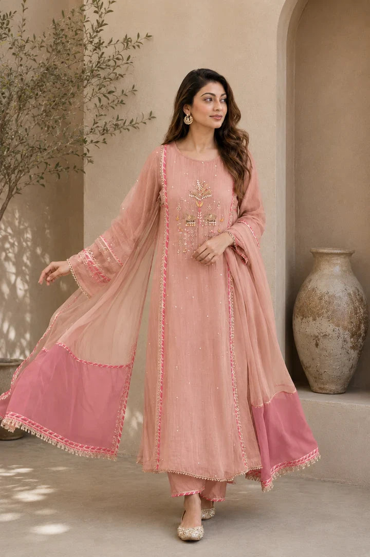 Gulbahar Peach Rose Embroidered Kurta Set