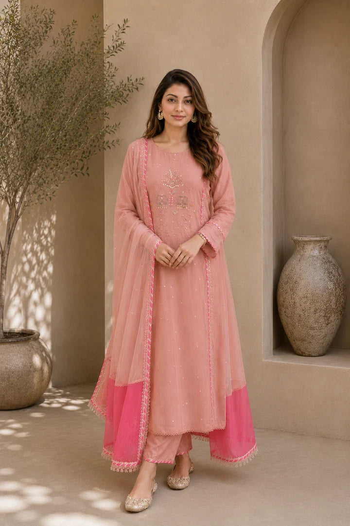 Gulbahar Peach Rose Embroidered Kurta Set