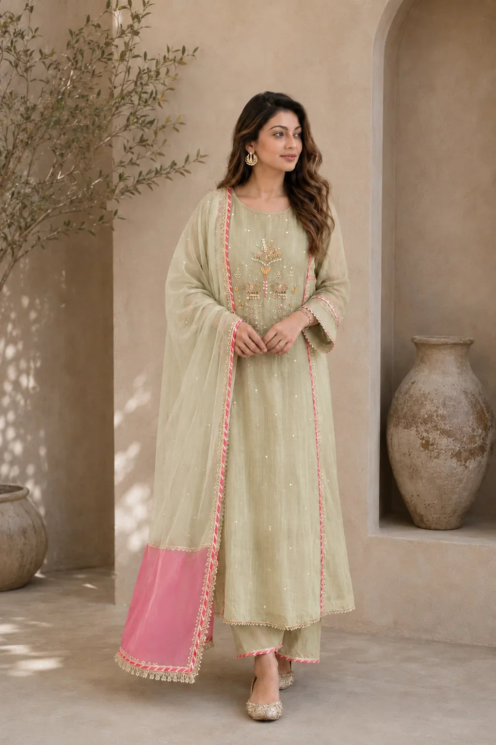 Meher Pista Bloom Embroidered Kurta Set