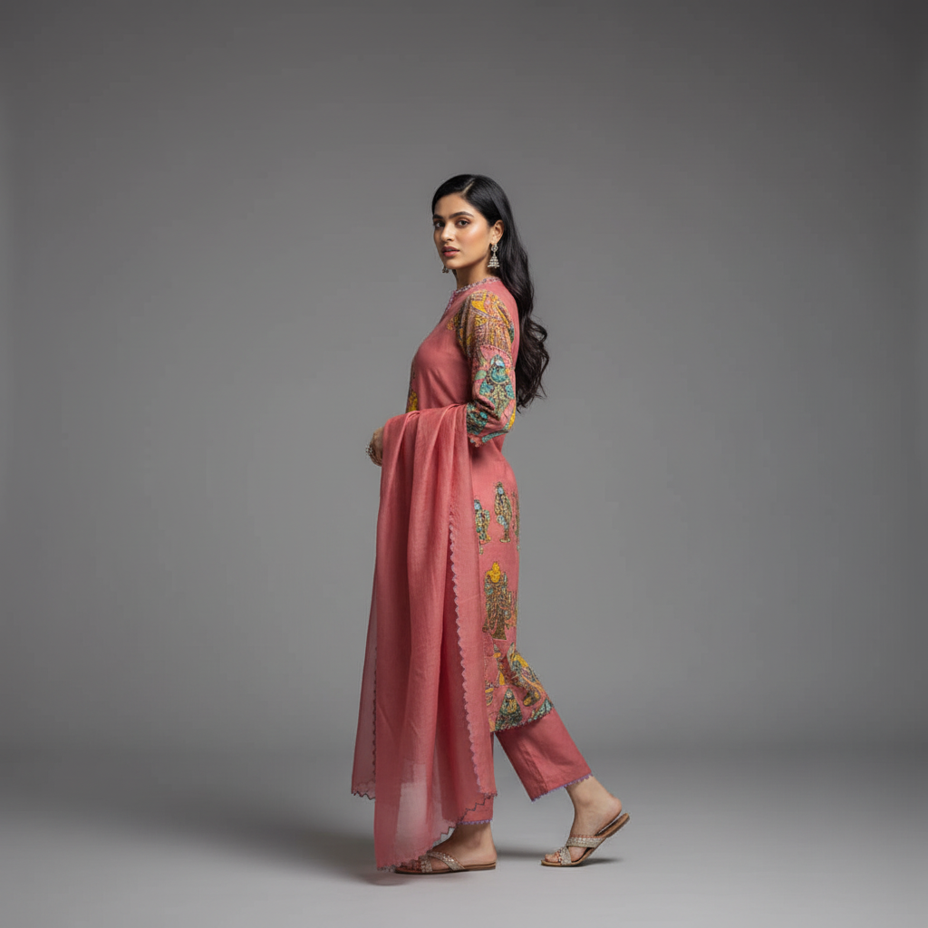 Kalamkari Cotton Kurta Set Pink with Floral Design with Coordinated Dupatta