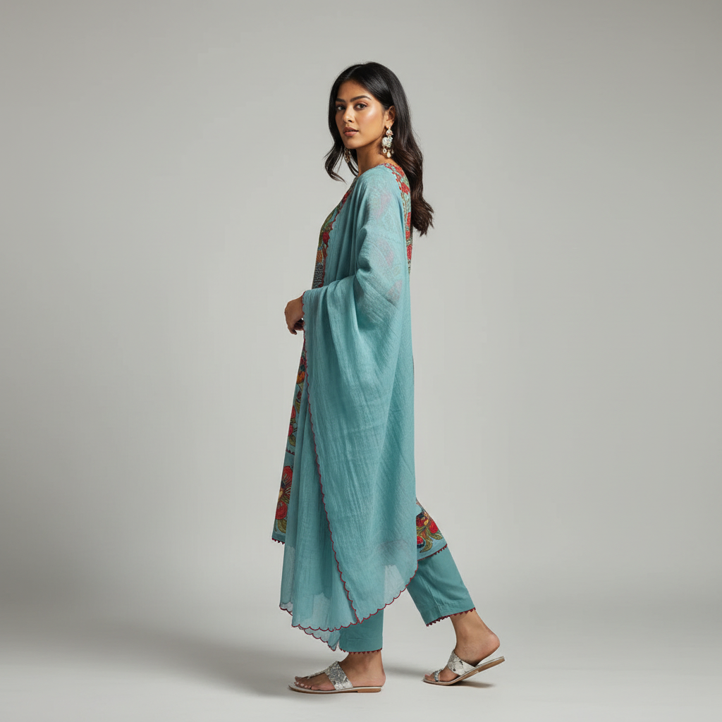 Aqua Blue Kurta Set with Hand-Painted Floral & Bird Print