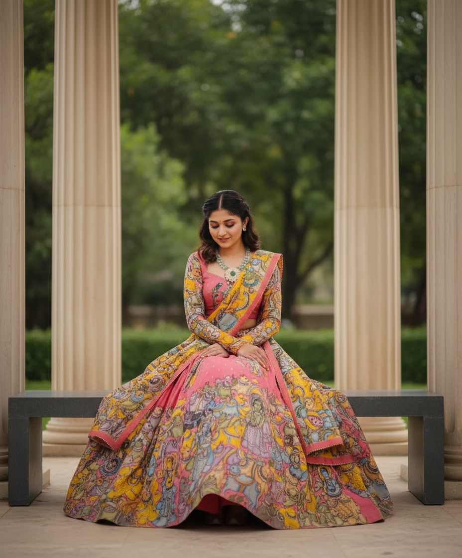 Kalamkari Print With Hand Work Pink & Yellow Fully Stitched Printed Lehenga Choli