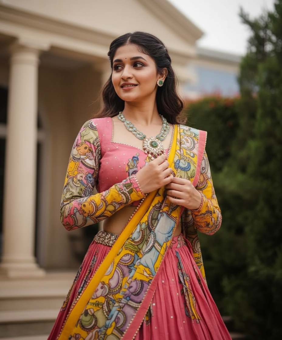 Kalamkari Print With Hand Work Pink & Yellow Fully Stitched Printed Lehenga Choli