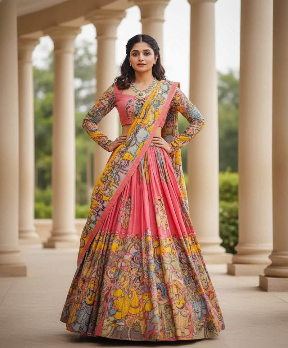 Kalamkari Print With Hand Work Pink & Yellow Fully Stitched Printed Lehenga Choli