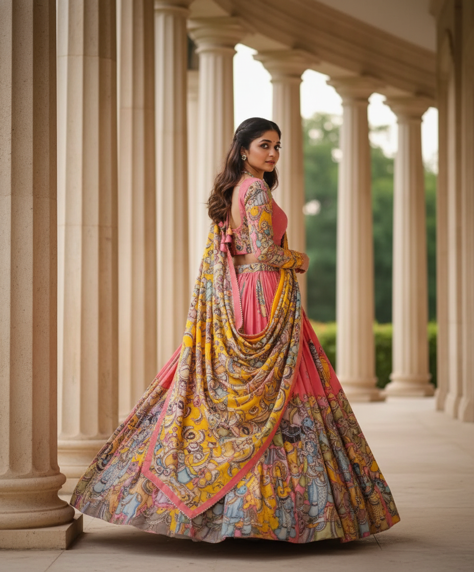 Kalamkari Print With Hand Work Pink & Yellow Fully Stitched Printed Lehenga Choli
