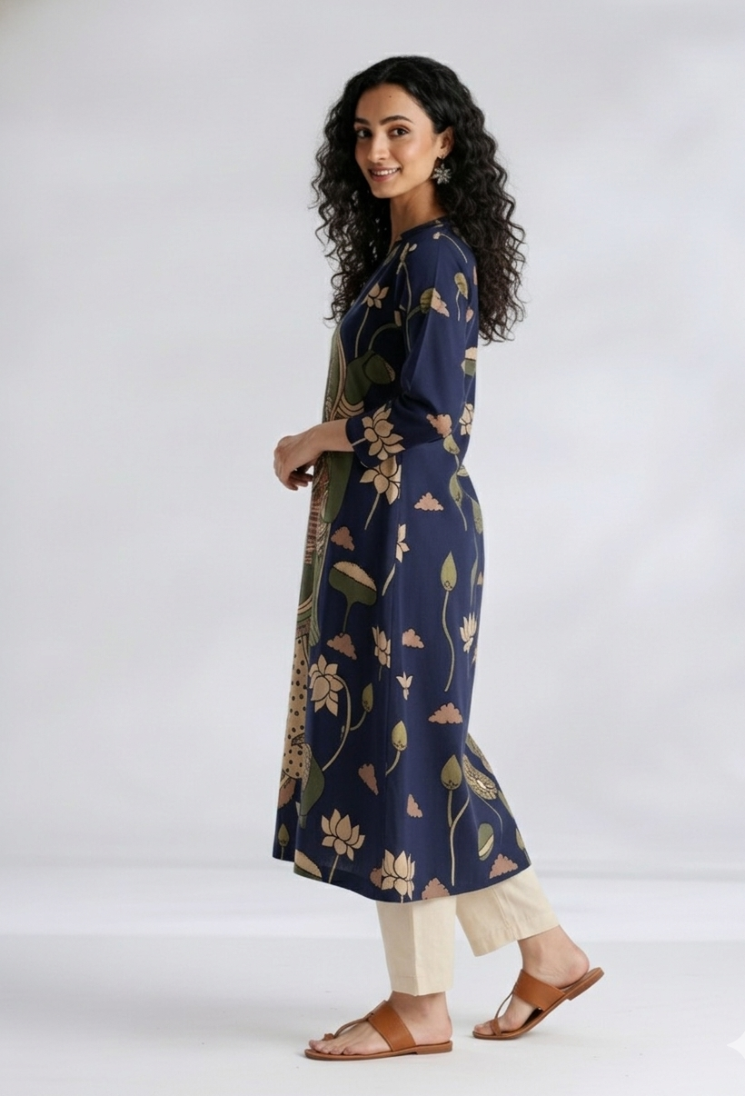 Elegant Navy Blue Straight Kurta with Traditional Kalamkari Print