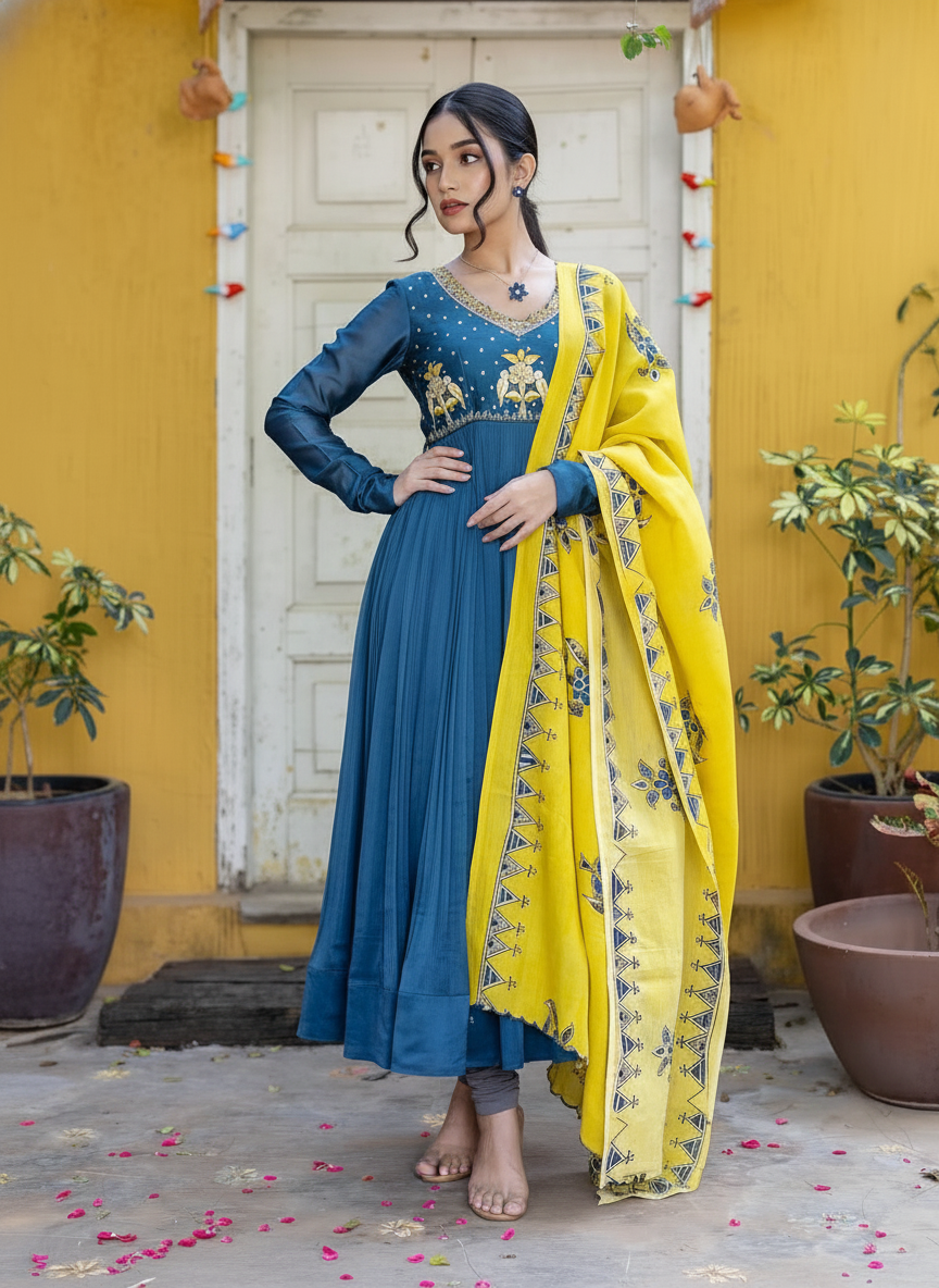 Navy Blue Anarkali with Mustard Yellow Hand-Painted Dupatta