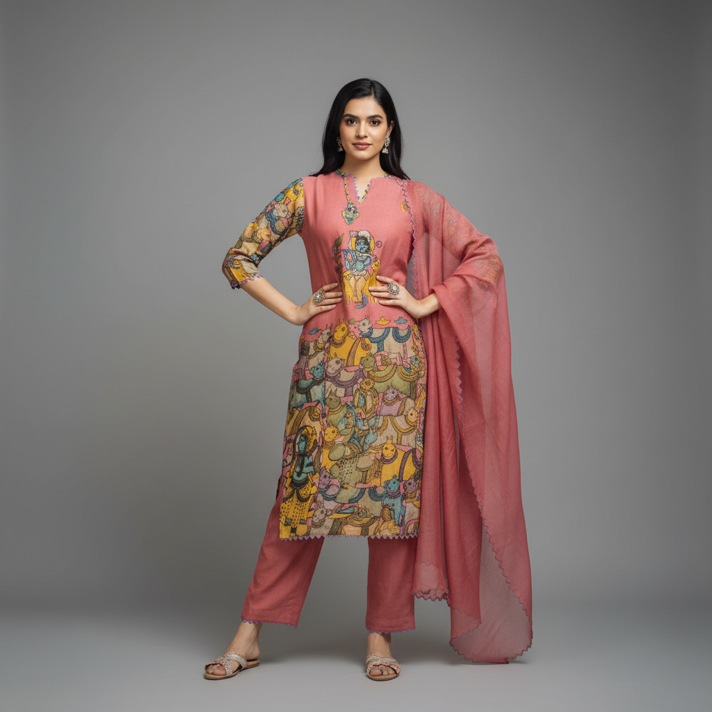Kalamkari Cotton Kurta Set Pink with Floral Design with Coordinated Dupatta