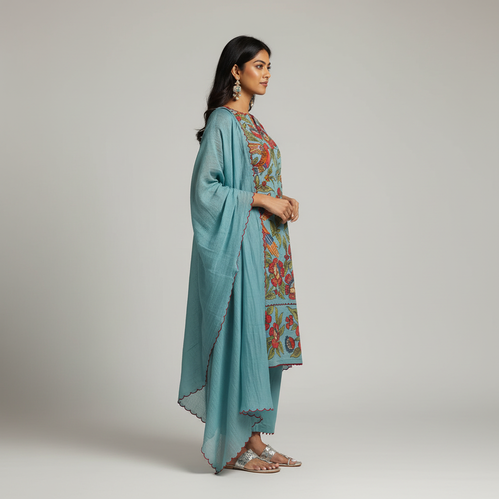 Aqua Blue Kurta Set with Hand-Painted Floral & Bird Print