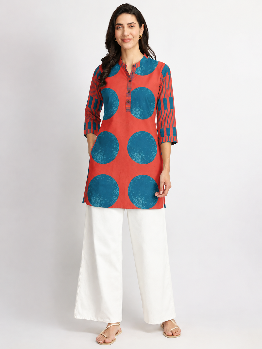 Coral Red & Teal Blue Statement Print Short Kurti