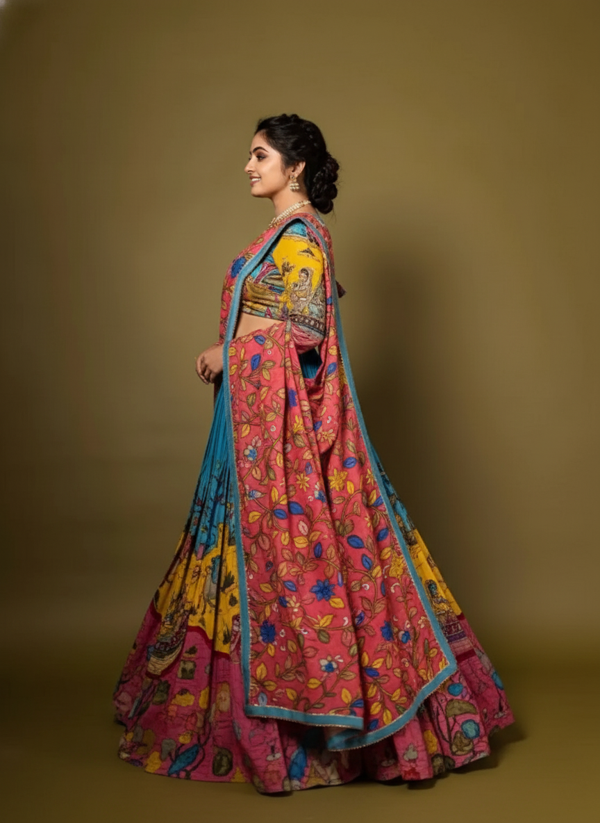 Kalamkari Print With Hand Work Bloom Fully Stitched Printed Lehenga Choli