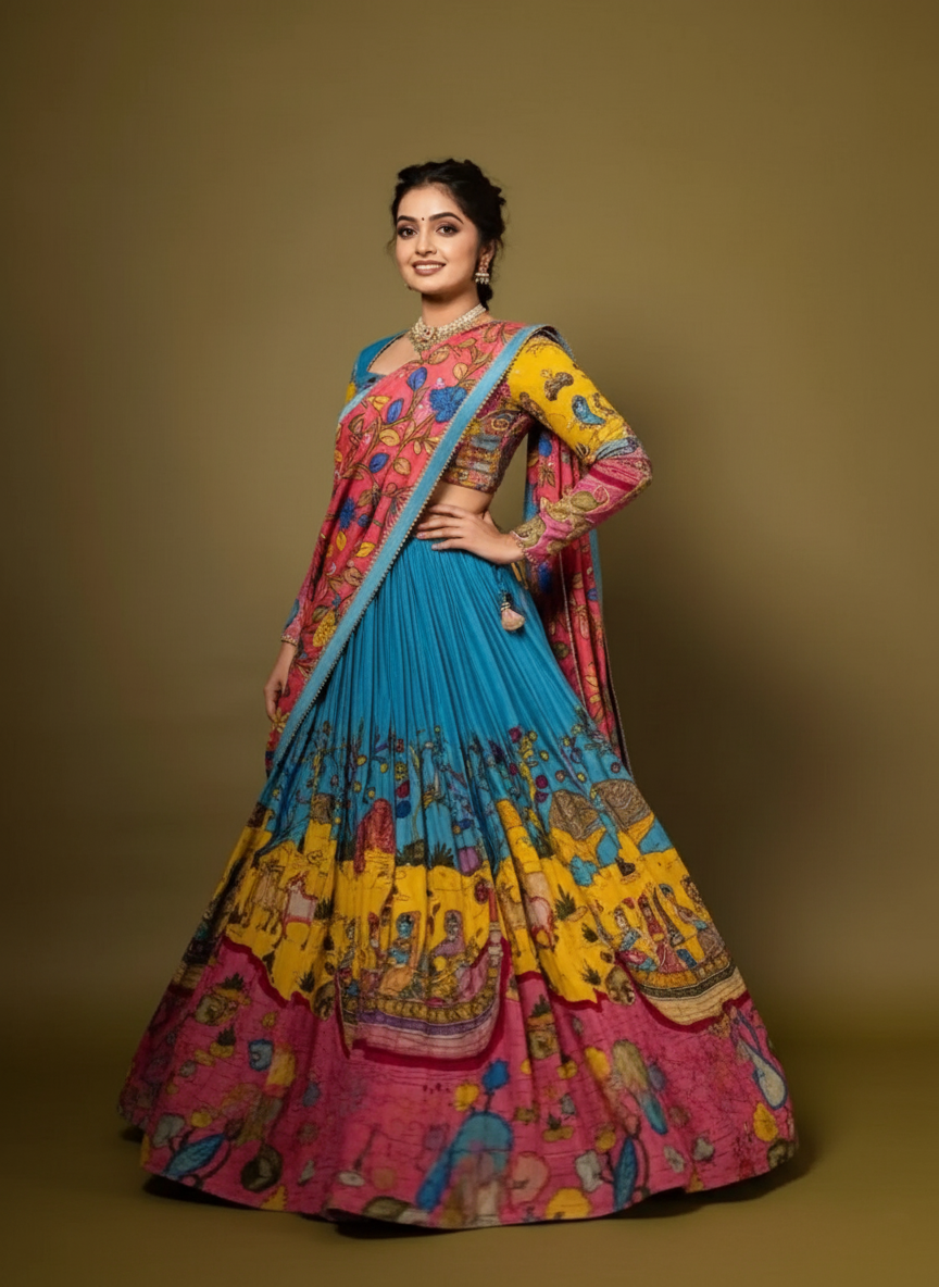 Kalamkari Print With Hand Work Bloom Fully Stitched Printed Lehenga Choli