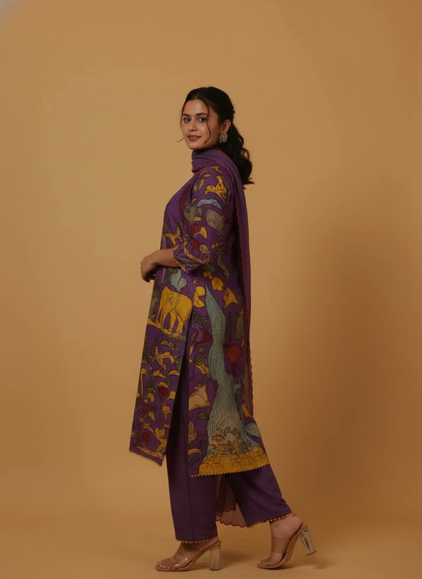 Traditional Purple Kurta Set with Royal Folk Art Print