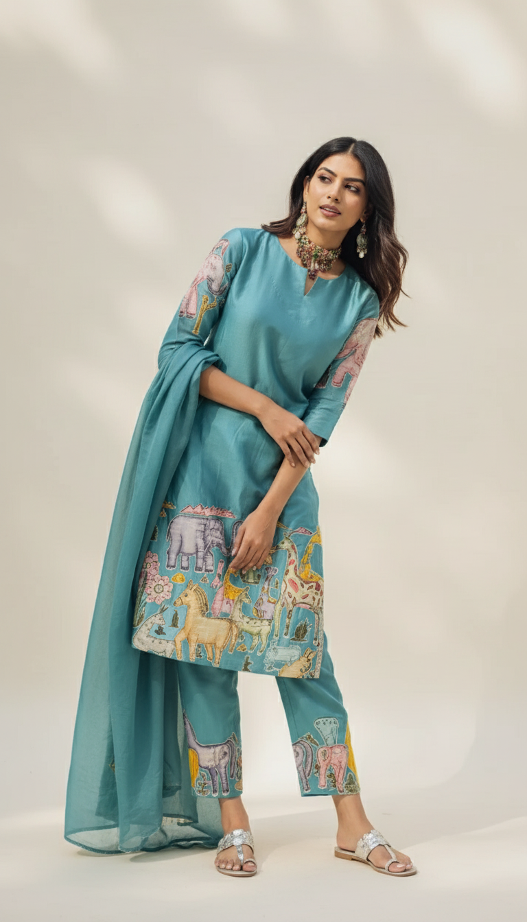 Lime Green Kurta Set with Ethnic Jungle Print
