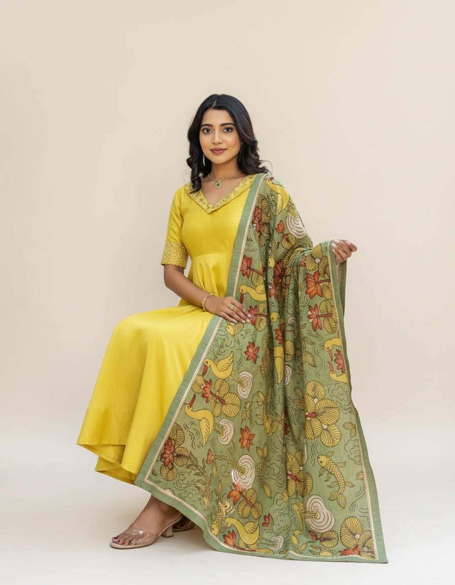 Mustard Yellow Anarkali with Hand-Painted Kalamkari Dupatta