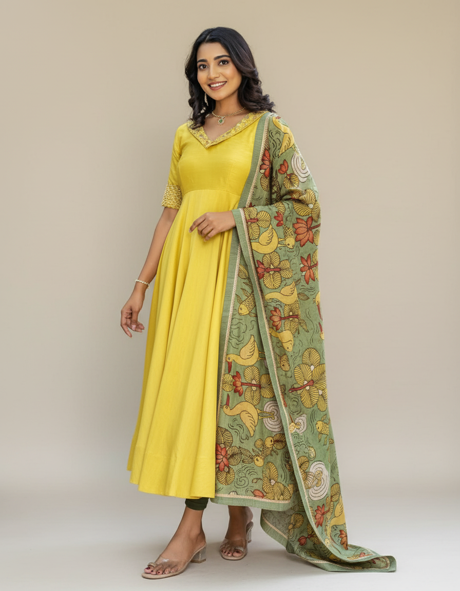 Mustard Yellow Anarkali with Hand-Painted Kalamkari Dupatta
