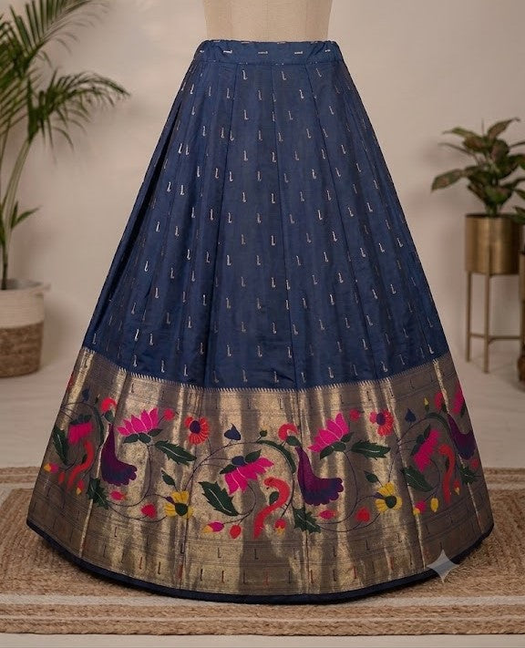 Premium Navy Blue Banarasi Jacquard Unstitched Lehenga Fabric
