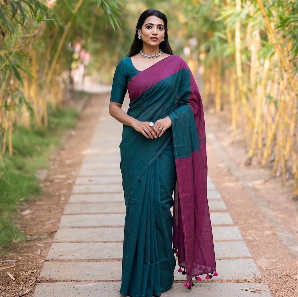 Elegant Teal & Wine Cotton Saree – Product Description