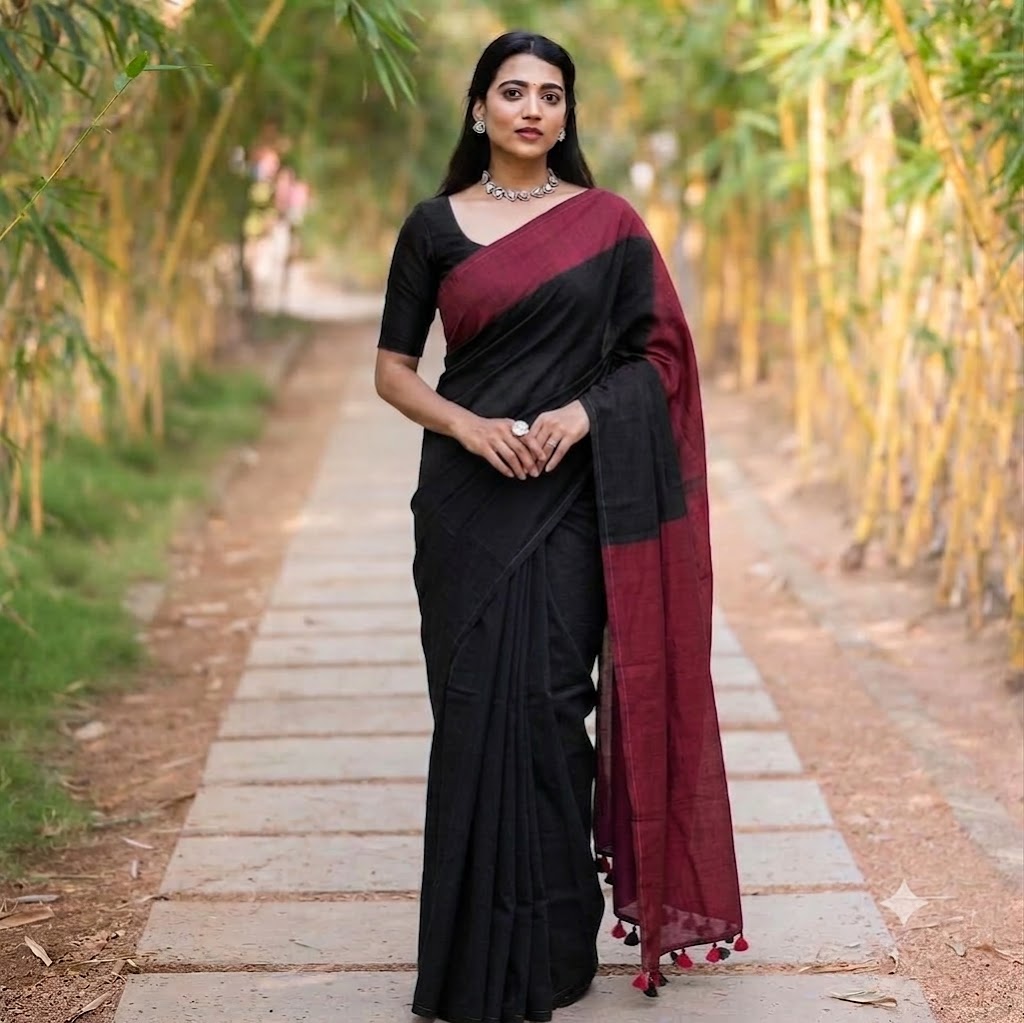 Elegant Black & Wine Cotton Saree – Product Description
