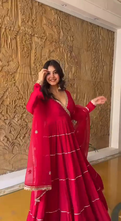 Ruby Red Gota Patti Anarkali Set