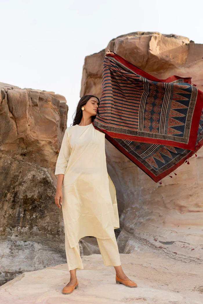 Ivory Cotton Kurta Set with Navy & Maroon Printed Dupatta