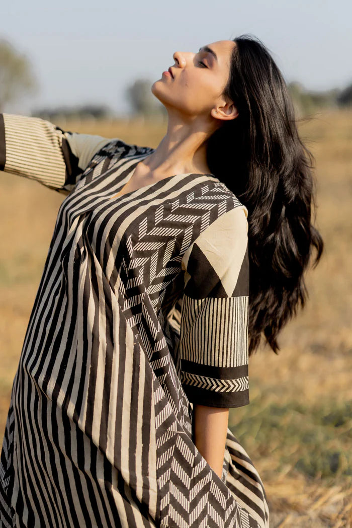 Beige & Black Striped Print Cotton A-Line Kurta