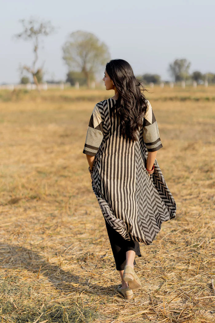Beige & Black Striped Print Cotton A-Line Kurta