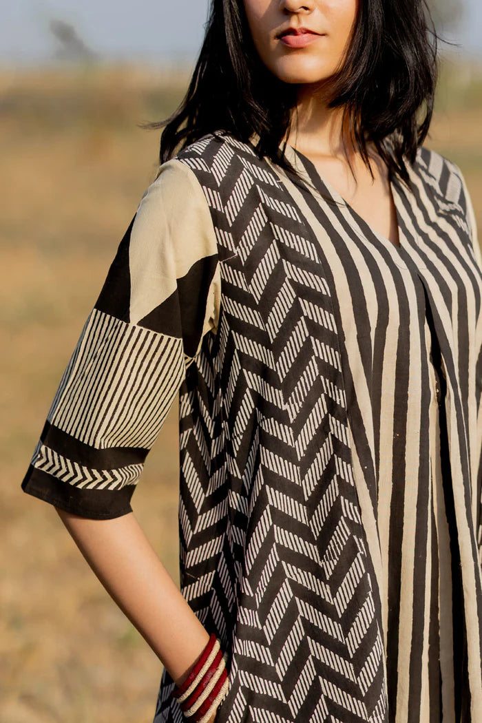 Beige & Black Striped Print Cotton A-Line Kurta