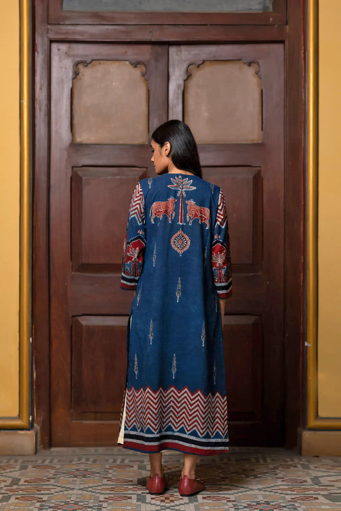 Navy Blue Pichwai Cow Print Cotton Straight Kurta