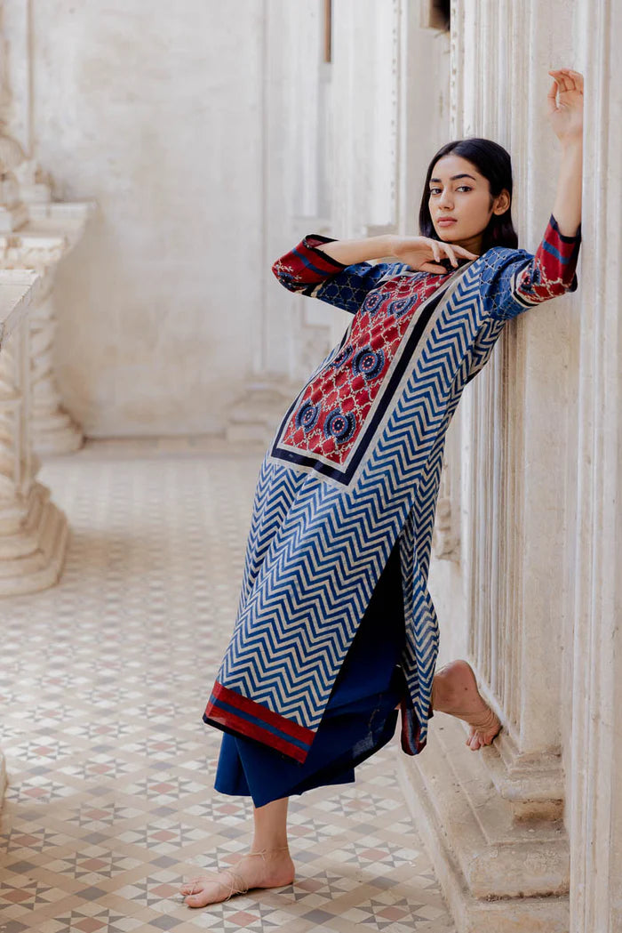 Navy Blue Pichwai Cow Print Cotton Straight Kurta