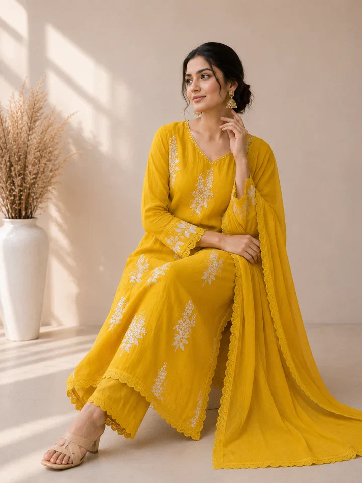 Sunehri Mustard Bloom Kurta Set